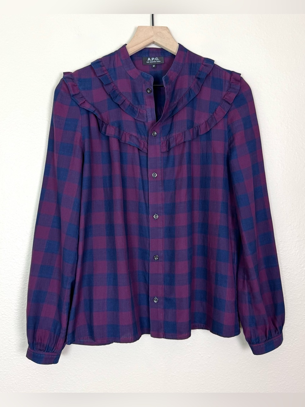 A.P.C. Plaid Ruffle Yoke Button Up Blouse Top Navy Blue Purple Size Medium